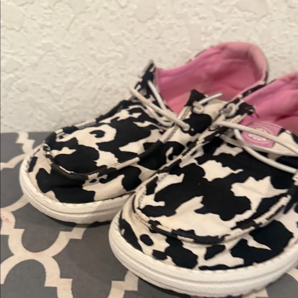 Hey Dude Kids Moccasins with Cow Print and Pink Lining